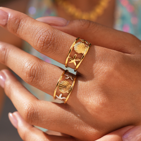 Bague design Simple Series Daily Shell Starfish en acier inoxydable étanche couleur or