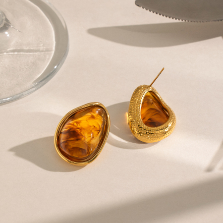 Boucles d'oreilles puces pour femmes en résine dorée, forme elliptique 2