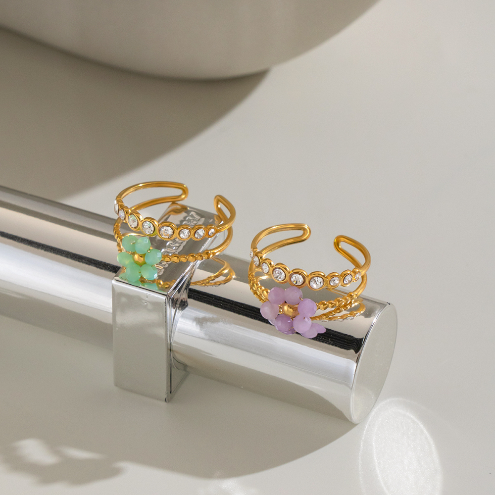 Bagues En Acier Inoxydable Étanches Sweet Flower Avec Zircon Doré Image3