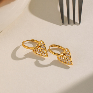 Boucles D'Oreilles Pendantes Pour Femme En Acier Inoxydable Doré, En Forme De Cœur, Étanches Et Ornées De Strass. h5 Image5