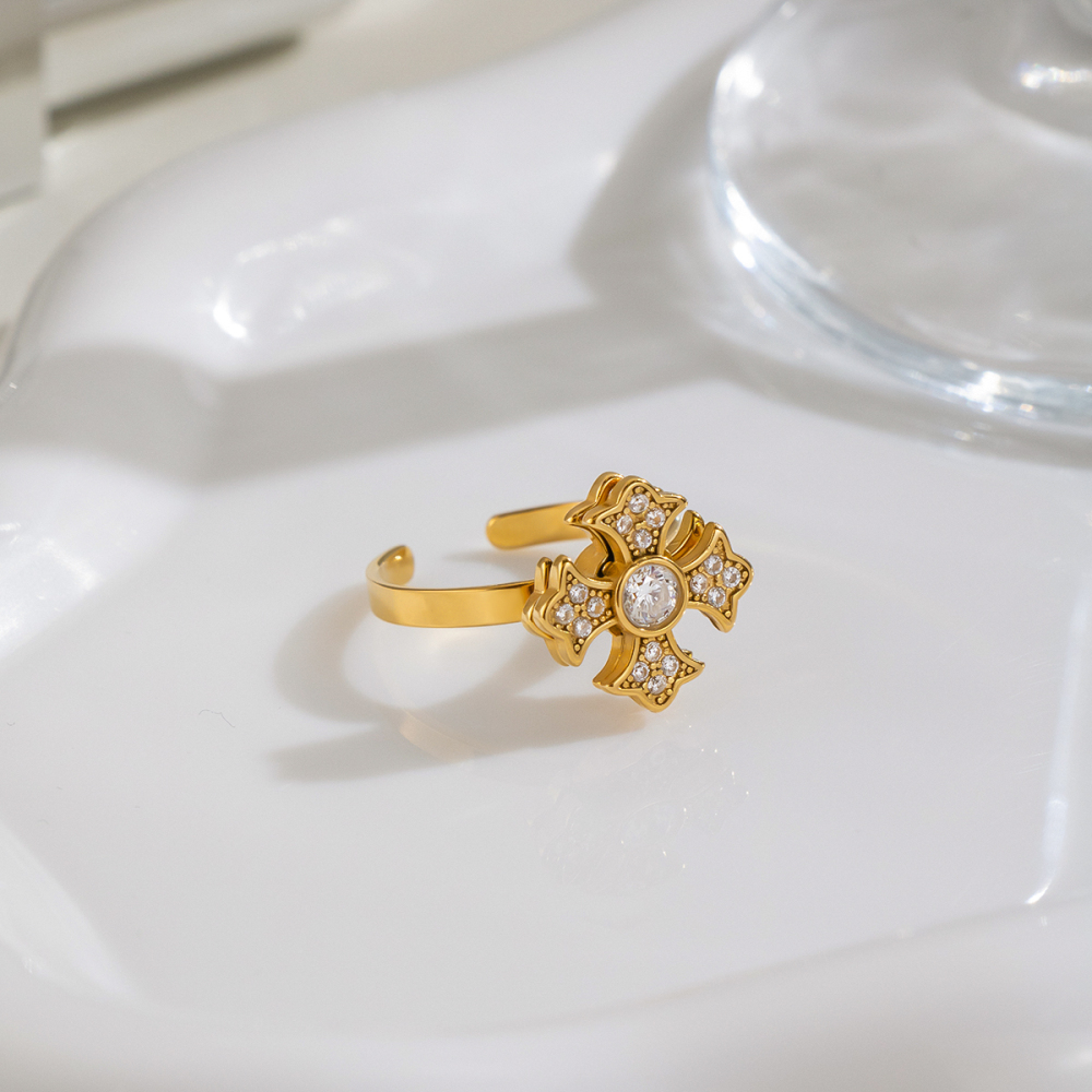 Bagues De Luxe En Acier Inoxydable Doré Avec Pierre Précieuse Zircon, Collection Fleur Image5