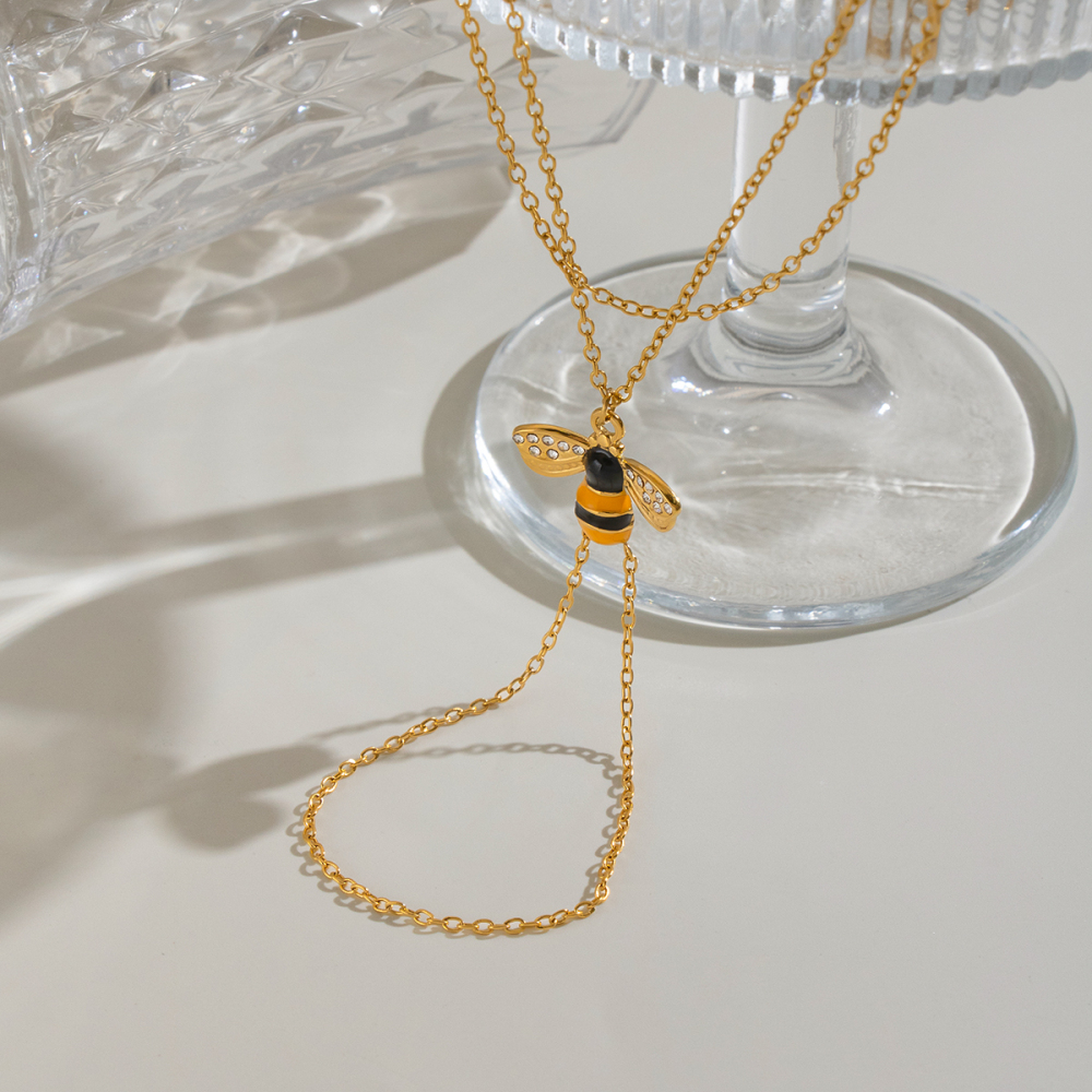 Chaîne De Poignet Pour Femme En Acier Inoxydable Émaillé En Forme D'Abeille, Couleur Or, Ornée De Strass. Image5