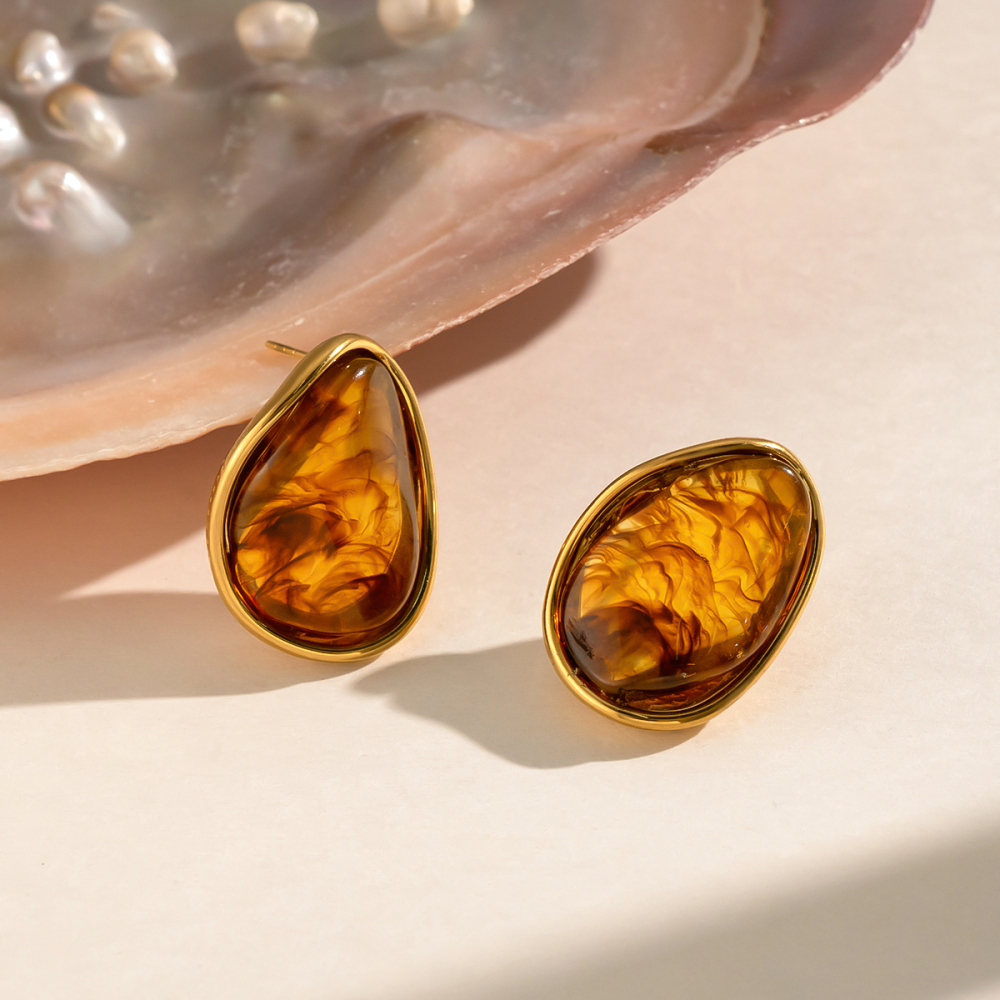Boucles D'Oreilles Puces Pour Femmes En Résine Dorée, Forme Elliptique Image5