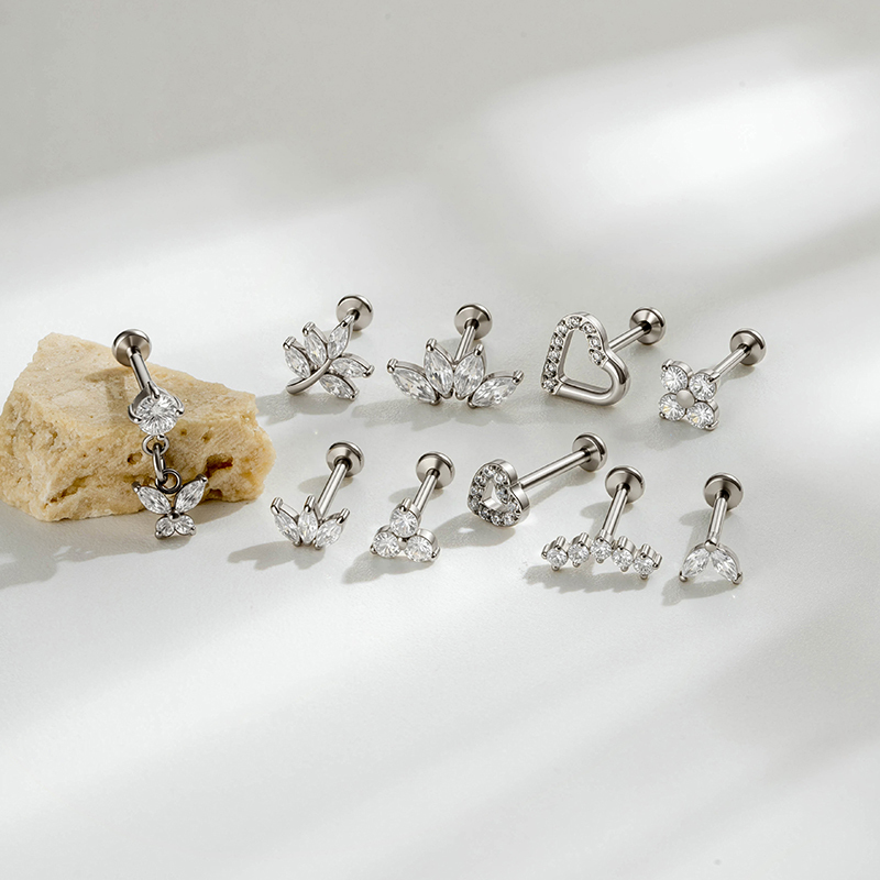 Boucles D'Oreilles Piercing Pour Femme, Style Simple, En Acier Inoxydable, Avec Cœur Et Papillon, Couleur Or, En Zircon. Image6