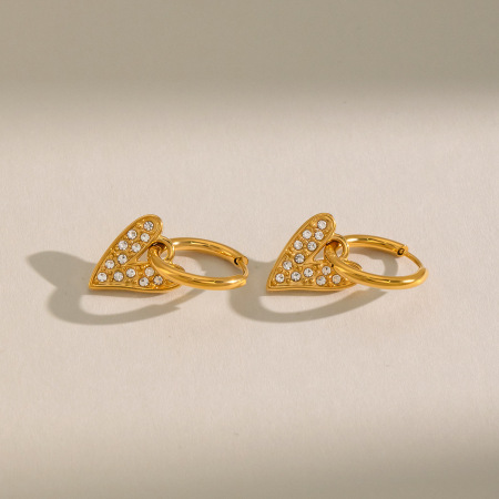 Boucles d'oreilles pendantes pour femme en acier inoxydable doré, en forme de cœur, étanches et ornées de strass.