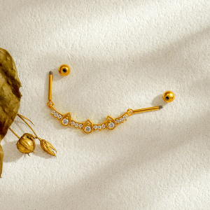 Boucles D'Oreilles Piercing Pour Femme, Forme Géométrique Feuille, Couleur Cuivre Doré, Zircon. h5 Image3