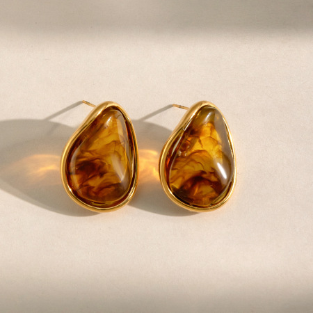 Boucles d'oreilles puces pour femmes en résine dorée, forme elliptique