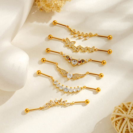 Boucles d'oreilles piercing pour femme, style simple, en forme de cœur et d'ailes de papillon, couleur cuivre doré et zircon.