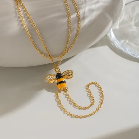 Chaîne de poignet pour femme en acier inoxydable émaillé en forme d'abeille, couleur or, ornée de strass.