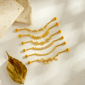 Boucles D'Oreilles Piercing Pour Femme, Forme Géométrique Feuille, Couleur Cuivre Doré, Zircon. h5 Image5