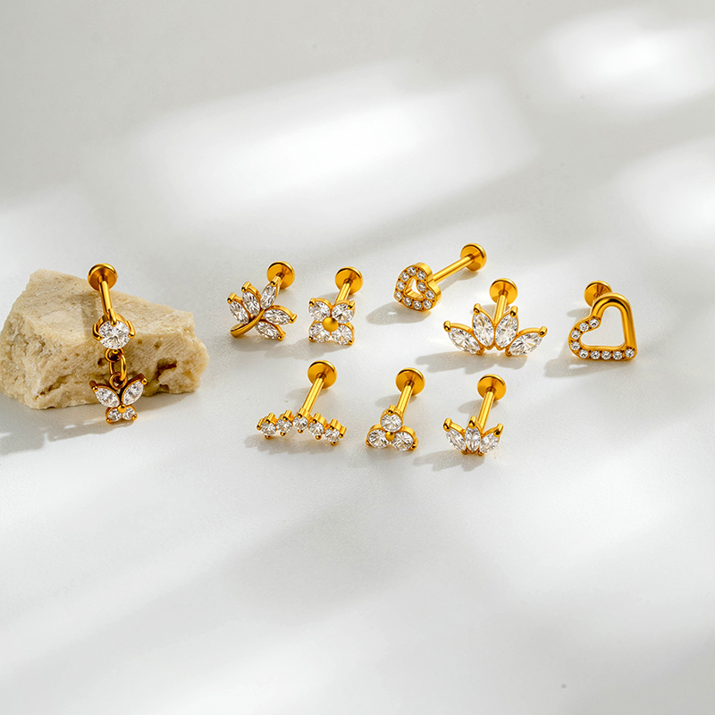 Boucles D'Oreilles Piercing Pour Femme, Style Simple, En Acier Inoxydable, Avec Cœur Et Papillon, Couleur Or, En Zircon. Image5