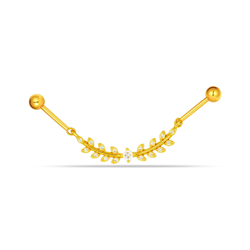 Boucles D'Oreilles Piercing Pour Femme, Forme Géométrique Feuille, Couleur Cuivre Doré, Zircon. 