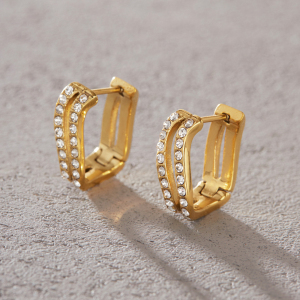 Boucles D'Oreilles Créoles Simples En Acier Inoxydable Ajouré, Étanches, Couleur Or, Ornées De Strass, Pour Femmes h5 Image2