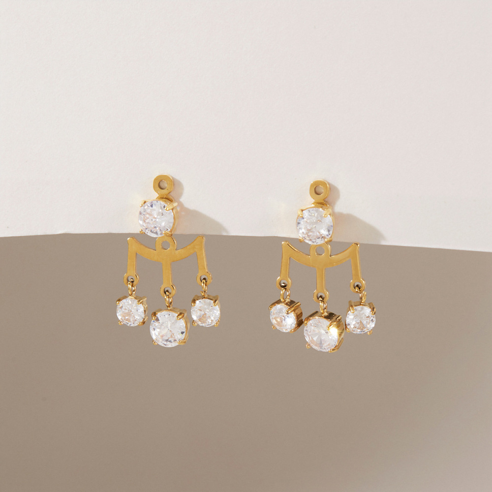 Boucles D'Oreilles Pendantes Pour Femme, En Acier Inoxydable Imperméable, Couleur Or, Avec Pompon Simple Et Zircon. Image4