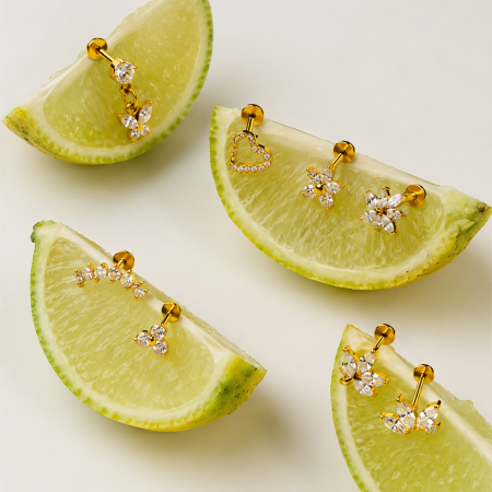 Boucles d'oreilles piercing pour femme, style simple, en acier inoxydable, avec cœur et papillon, couleur or, en zircon.