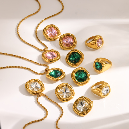 Ensembles de colliers pour femmes en acier inoxydable imperméable de forme géométrique, couleur or et strass