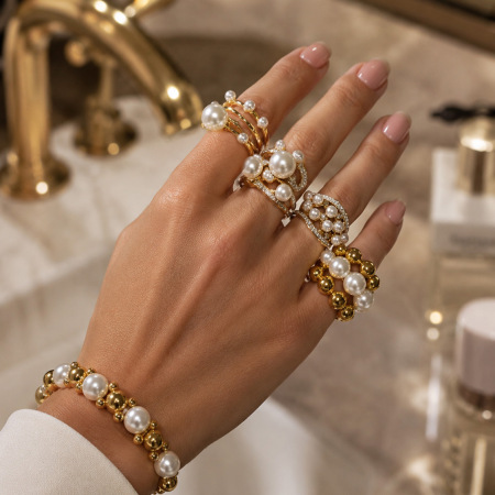 Bagues pour femmes en acier inoxydable doré, forme irrégulière, ornées de perles artificielles, collection Luxe.