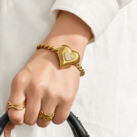 Bracelet jonc pour femme, collection Daily Heart Twist, en acier inoxydable, étanche, couleur or