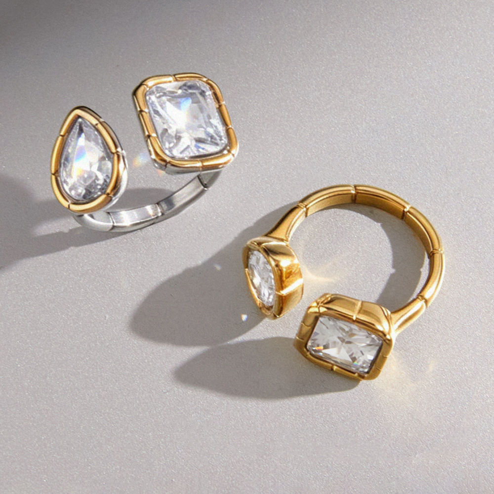 Bagues Pour Femmes En Acier Inoxydable Doré, Étanches, De Forme Géométrique Simple Et Luxueuse, Serties De Zircon Et Ornées De Zircon. Collection Luxueuse. h5Image2
