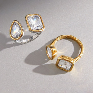 Bagues Pour Femmes En Acier Inoxydable Doré, Étanches, De Forme Géométrique Simple Et Luxueuse, Serties De Zircon Et Ornées De Zircon. Collection Luxueuse. h5 Image2