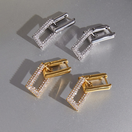 Boucles d'oreilles pendantes pour femme, simples, rectangulaires, en acier inoxydable, étanches, couleur or, ornées de strass.