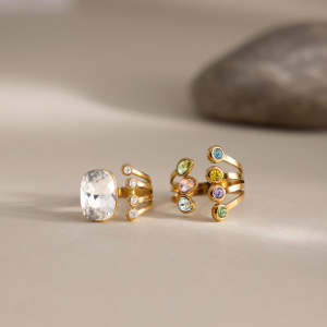 Bagues Pour Femmes En Acier Inoxydable Doré, Étanches, De Forme Irrégulière Et Serties De Zircon, Collection Luxueuse. h5 Image3