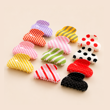 Pinces à cheveux en PVC de couleur mélangée, motif cœurs, rayures et pois, collection romantique