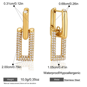Boucles D'Oreilles Pendantes Pour Femme, Simples, Rectangulaires, En Acier Inoxydable, Étanches, Couleur Or, Ornées De Strass. h5 