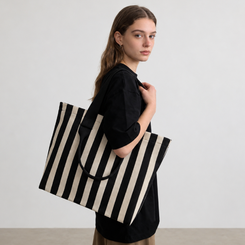 Sac Cabas Femme En Polyester Tissé À Rayures Multicolores Style Décontracté h5Image5