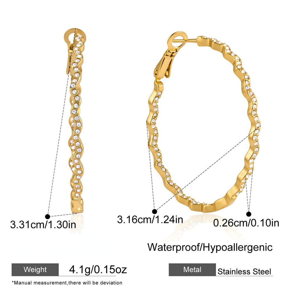 Boucles D'Oreilles Créoles Simples En Acier Inoxydable, Étanches, Couleur Or, Ornées De Strass.