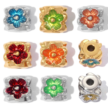 Perles d'espacement en acier inoxydable étanches couleur or, émail doux, série romantique, motif floral.