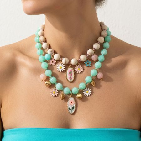 Colliers de perles pour femmes, collection romantique, motif floral délicat, forme elliptique, acrylique couleur or 2