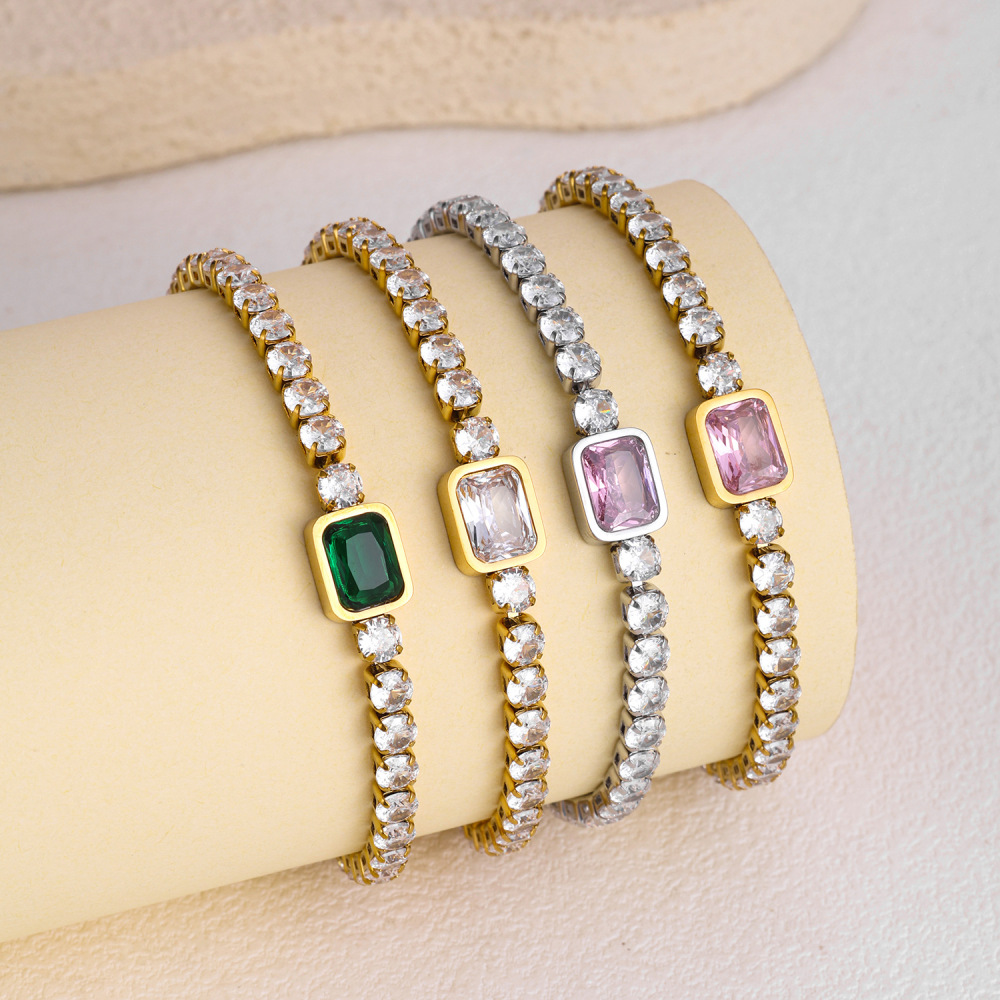 Bracelet Chaîne Élégant Patchwork Rectangulaire En Acier Inoxydable Imperméable Couleur Or Avec Zircon Pour Femme, Collection Luxueuse h5Image4