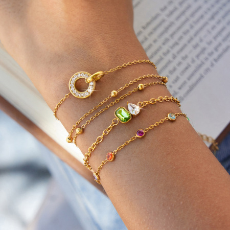 Bracelet à breloques pour femme en acier inoxydable, forme géométrique simple circulaire, couleur or, avec zircon, étanche.