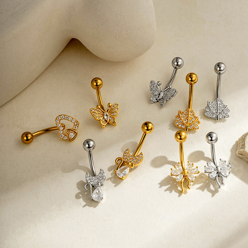 Piercings De Nombril En Zircon Couleur Cuivre Doré, Série Simple : Fleur, Cœur, Feuille, Papillon h5Image4