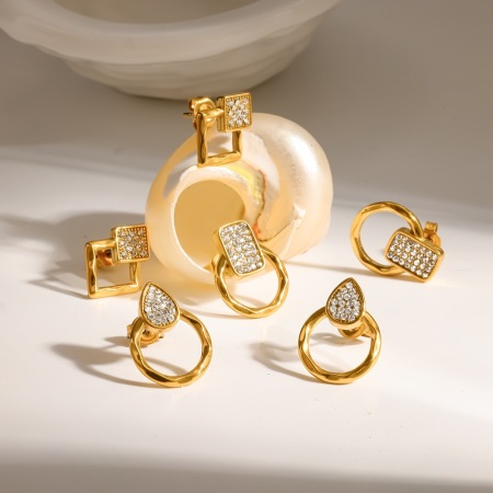 Boucles d'oreilles puces pour femmes, forme géométrique, en acier inoxydable, étanches, couleur or, ornées de strass.