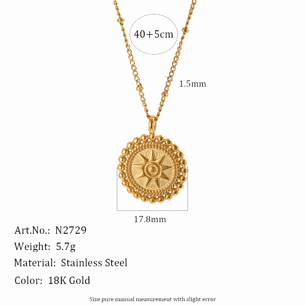 Colliers Pendentifs Pour Femmes, Collection Simple Series Retro Sun Circle, En Acier Inoxydable Étanche, Couleur Or 