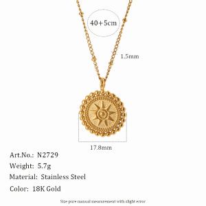 Colliers Pendentifs Pour Femmes, Collection Simple Series Retro Sun Circle, En Acier Inoxydable Étanche, Couleur Or h5 