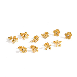 Boucles D'Oreilles Puces Pour Femmes En Acier Inoxydable Doré, Étanches, En Forme De Fleur Délicate Et Ornées De Strass. h5 Image4