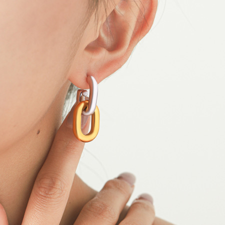 Boucles d'oreilles puces pour femmes, en acier inoxydable, couleur or, forme elliptique, collection Simple Series Daily. 2