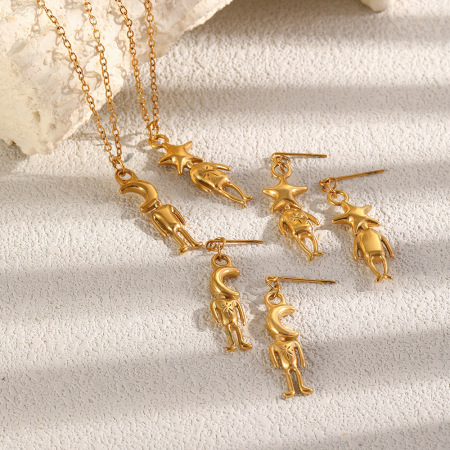 Boucles d'oreilles pendantes pour femme, motif lune et animaux mignons, en acier inoxydable, étanches, couleur or, de la série Simple.