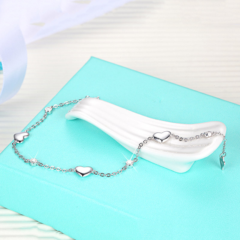 Bracelet En Argent Sterling 925 Plaqué Rhodium, Collection Simple Series Sweet Heart Chain, Pour Femme. Image3