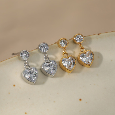 Boucles d'oreilles pendantes pour femme, en acier inoxydable, couleur or, avec zircon et motif cœur simple. 2