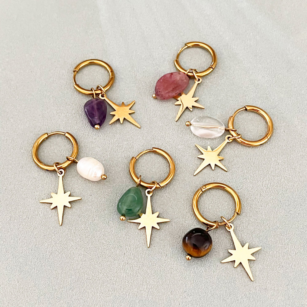 Boucles D'Oreilles Pendantes Pour Femme, Collection Simple Series Daily Beads Star, En Acier Inoxydable, Couleur Or, Étanches, Avec Pierre Naturelle. Image3