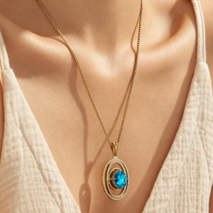 Colliers Pendentifs Pour Femmes De La Série Luxueuse, En Acier Inoxydable Étanche, Couleur Or, Zircon Et Verre Bleu h5 Image4