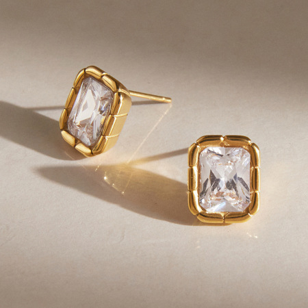 Boucles d'oreilles puces rectangulaires en acier inoxydable étanche, couleur or, avec zircon pour femme 2