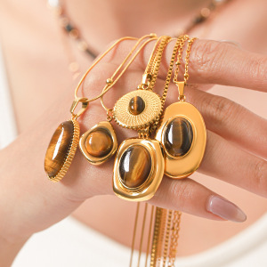 Colliers Pour Femmes Avec Pendentif En Forme De Croix Et D'Ellipse, En Acier Inoxydable, Couleur Or, Pierre Naturelle Et Zircon. h5 Image6