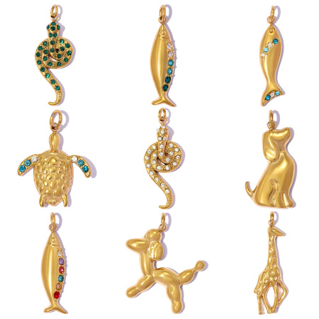 Pendentif femme style océanique, poisson, acier inoxydable étanche, couleur or, strass