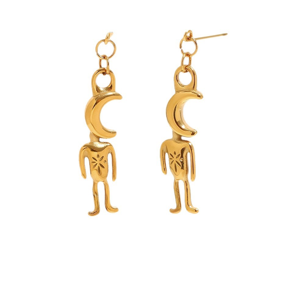 Boucles D'Oreilles Pendantes Pour Femme, Motif Lune Et Animaux Mignons, En Acier Inoxydable, Étanches, Couleur Or, De La Série Simple. Image4