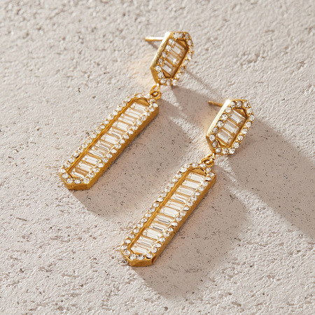 Boucles d'oreilles pendantes pour femme, élégantes et rectangulaires, en acier inoxydable, étanches, couleur or, avec zircon. Collection Simple. 2